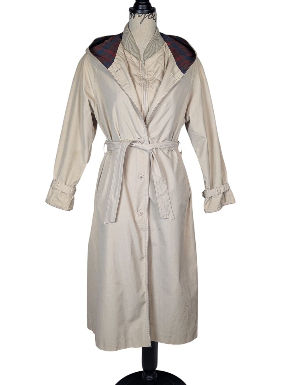 90s Vintage Mervyn's Partner Petites Trenchcoat Lined Hooded Tan Red Plaid Trim